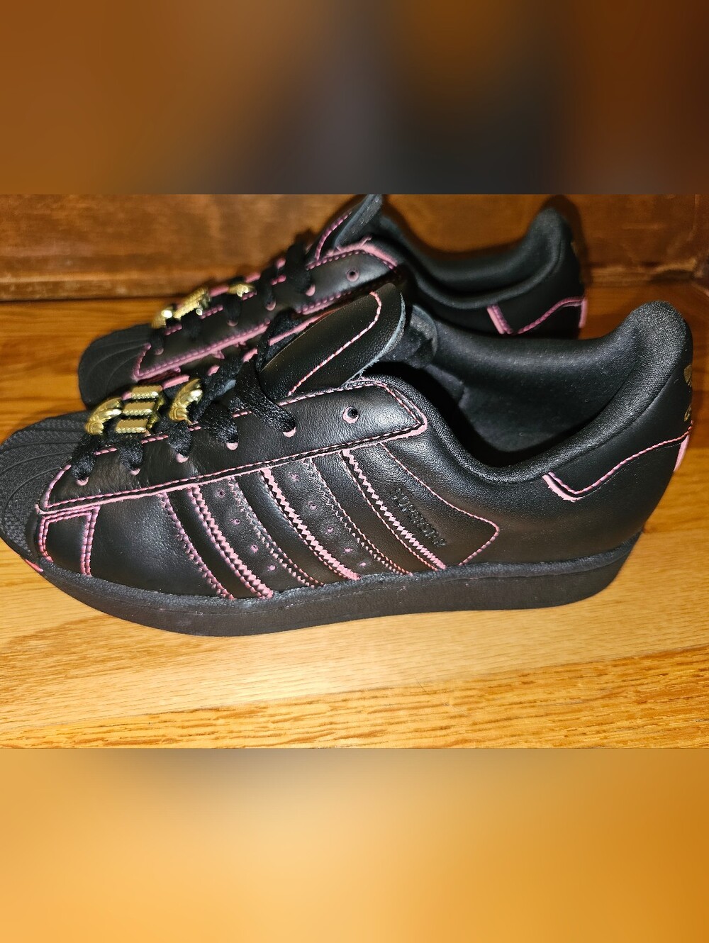 adidas Womens Superstar II Black & Pink Superstar Sneakers with Gold Accents - Picture 2 of 5
